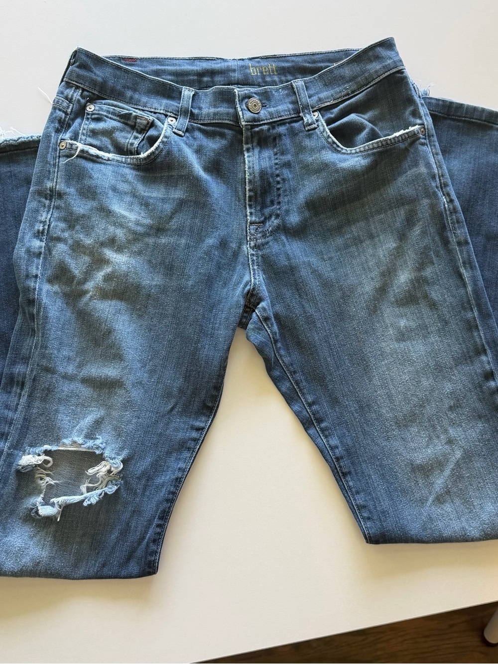 7 For All Mankind Medium Blue Straight Leg Jeans with Knee Rip